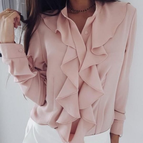 Solid Ruffles Design Long Sleeve Casual Blouse 2
