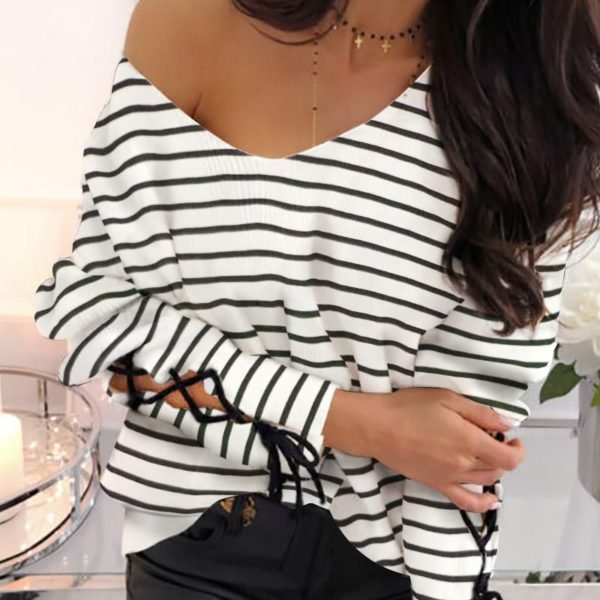 Striped Tied Cuff Casual Blouse 2