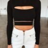 Solid Long Sleeve Cut Out Crop Top 3