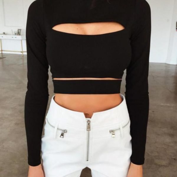 Solid Long Sleeve Cut Out Crop Top 2