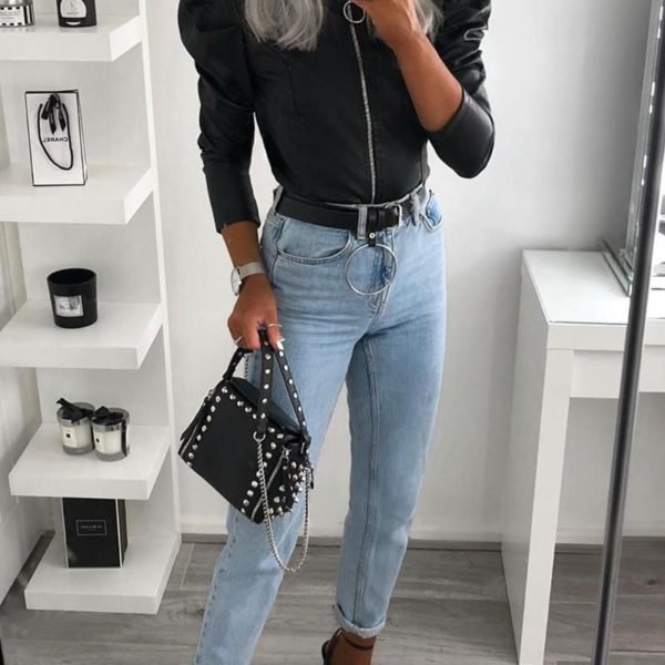 Solid Puff Sleeve Leather Top 2
