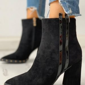 Solid Pointed Toe Zipper Chunky Heeled Boots