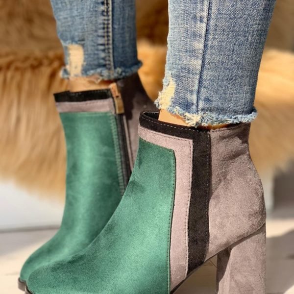 Suede Contrast Color Chunky Heeled Boots 2