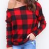 Red and Black Checkered Skew Neck Casual Top 3