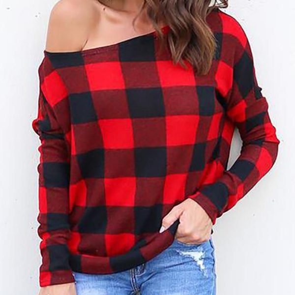 Red and Black Checkered Skew Neck Casual Top 2