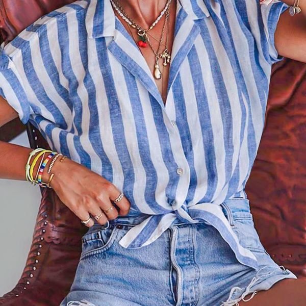 Striped Short Sleeve Knotted Casual Blouse 2
