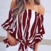 Striped Knot Front Flared Sleeve Bardot Blouse 3