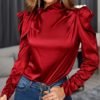 Solid Puff Sleeve Tied Neck Blouse 3