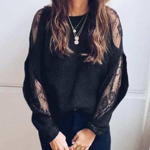 Round Neck Lace Sleeve Knit Top 2