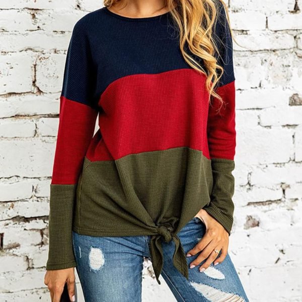 Colorblock Long Sleeve Knotted Casual Blouse 2