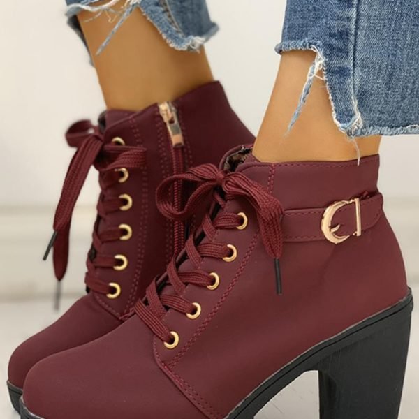 Suede Eyelet Lace-Up Buckled Chunky Heeled Ankle-Boots 2