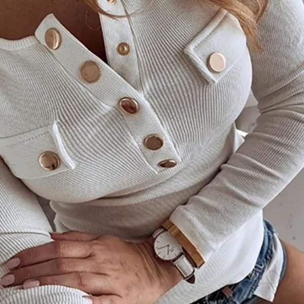 Buttoned Ribbed Long Sleeve Blouse 2