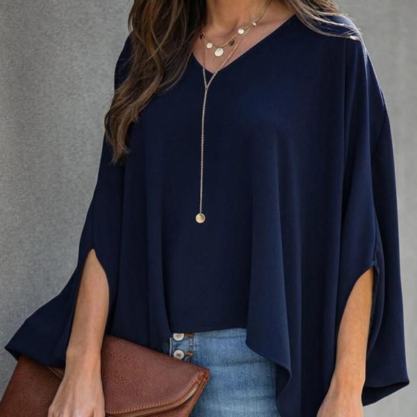 Solid V-neck Batwing Sleeve Blouse 2