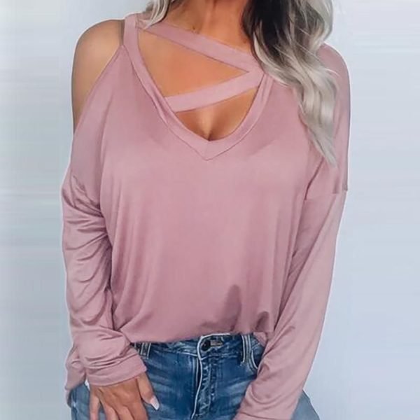 Solid Cold Shoulder Cut Out Long Sleeve Casual Blouse 2