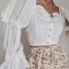 Sheer Mesh Ruched Bell Sleeve Blouse 3