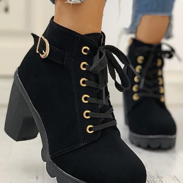 Suede Eyelet Lace-Up Buckled Chunky Heeled Ankle-Boots 2