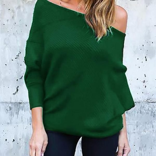 Solid Skew Neck Batwing Sleeve Knitted Blouse 2