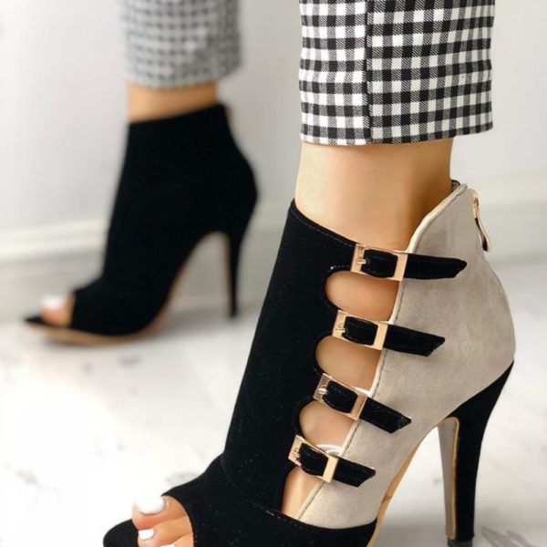 Colorblock Splicing Hollow Out Buckled Thin Heels 2