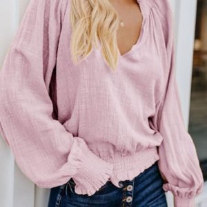 V-Neck Frill Hem Shirring Casual Top