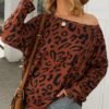 Skew Neck Abstract Leopard Print Long Sleeve Blouse 3