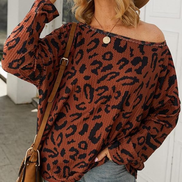Skew Neck Abstract Leopard Print Long Sleeve Blouse 2