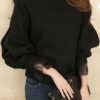 Solid Mesh Sleeve Casual Blouse 3