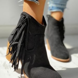 Solid Tassel Design Chunky Heeled Boots