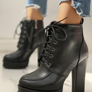 PU Lace-Up Platform Chunky Heeled Ankle-Boots
