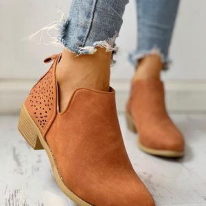 Solid PU Eyelet Hollow Out Chunky Heeled Boots