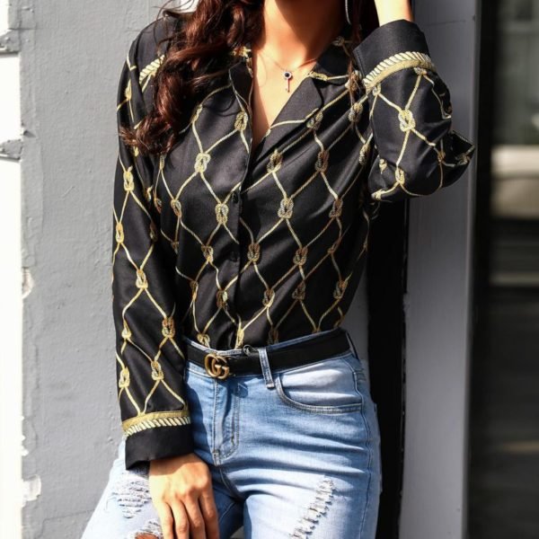 Chain Print Button Up Casual Blouse 2