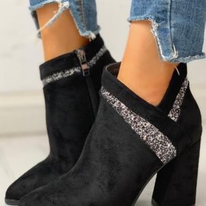 Point Toe Suede Sequin Insert Chunky Boot