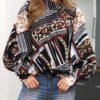 Mixed Print Buttoned Cuff Casual Blouse 3