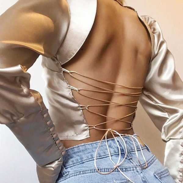 Mock Neck Backless Lace-up Cut Out Long Sleeve Crop Blouse 2