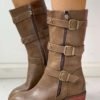 Solid PU Buckled Zipped Chunky Heeled Boots 3