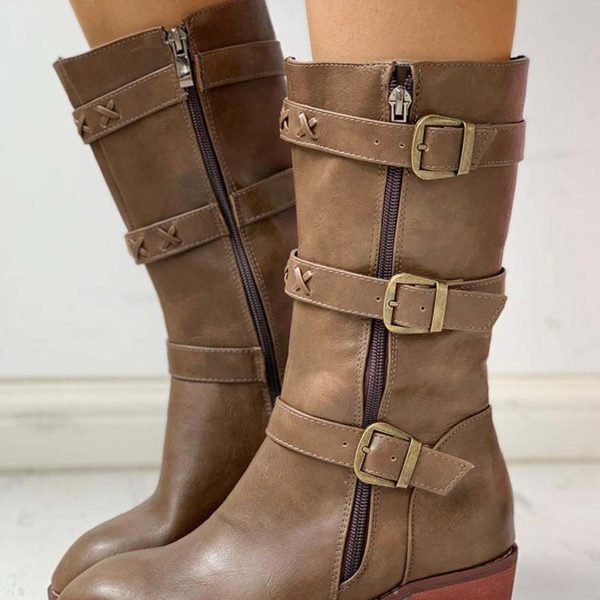 Solid PU Buckled Zipped Chunky Heeled Boots 2