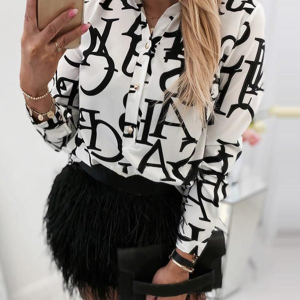 Letter Print Buttoned Long Sleeve Casual Blouse 2