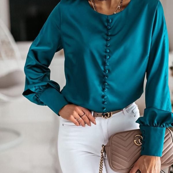 Solid Button-Up Satin Blouse 2