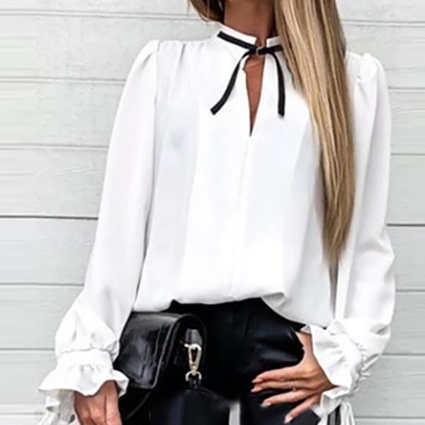 Solid Ruffles Cuff Tied Neck Shirt 2