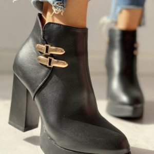 PU Ankle-Buckled Pointed Toe Chunky Heeled Boots