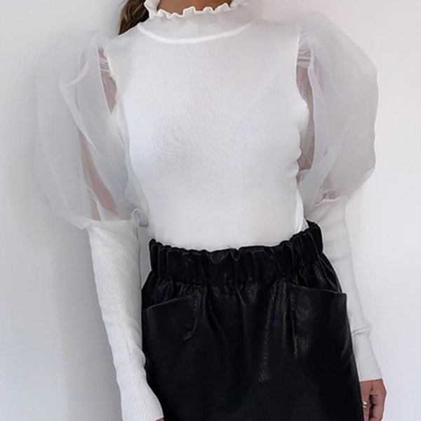 Solid Patchwork Mesh Puff Sleeve Blouse 2