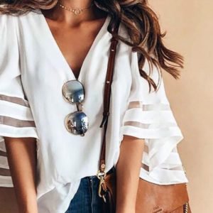 V-Neck Mesh Striped Insert Casual Blouse
