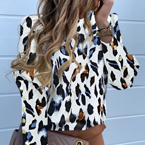Abstract Leopard Print Long Sleeve Popper Cuff Blouse 2