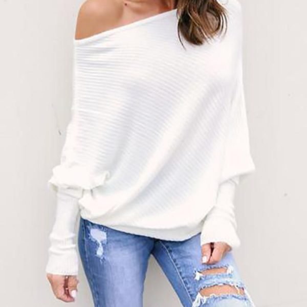 White Skew Neck Batwing Sleeve Casual Blouse 2
