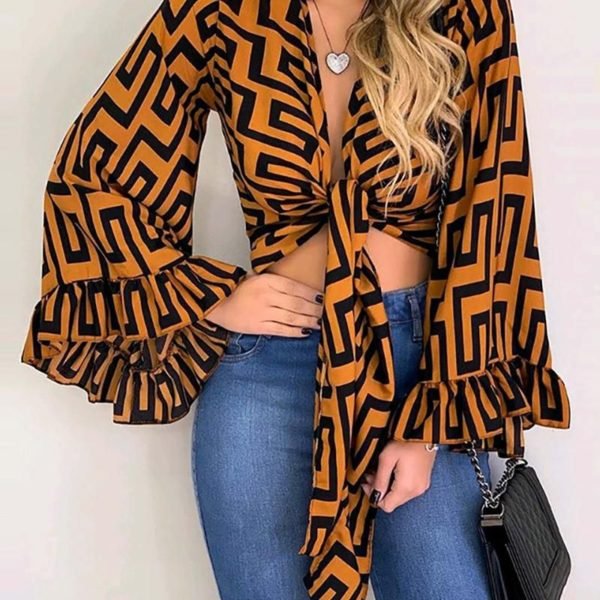 Grid Print Knotted Ruffles Bell Sleeve Blouse 2