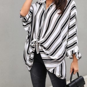 Stripes Bat-Wing Sleeve Slit Back Blouse