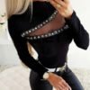 Mock Neck Studded Sheer Hollow Out Mesh Inset Blouse 3