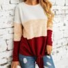 Colorblock Long Sleeve Knotted Casual Blouse 3