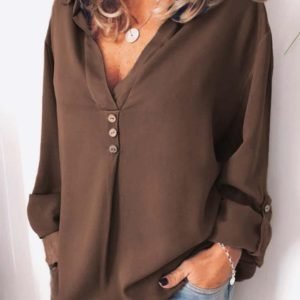 Button Design V Neck Adjustable Sleeve Blouse