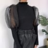Solid Patchwork Mesh Puff Sleeve Blouse 3