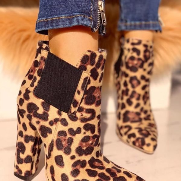 Leopard Print Pointed Toe Chunky Heeled Boots 2